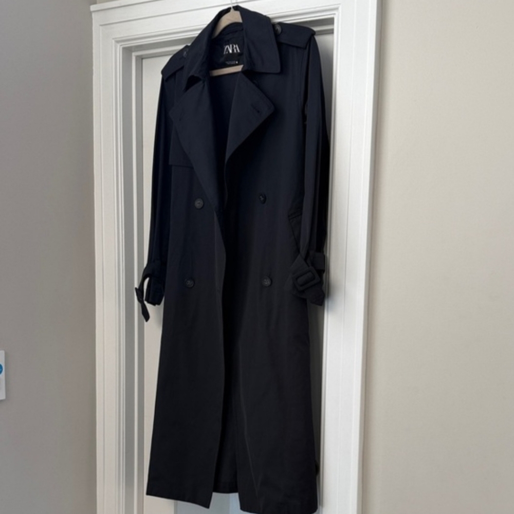 Zara Dark Navy Trench Overcoat Sz Small MINT condition Lux! - Picture 2 of 6